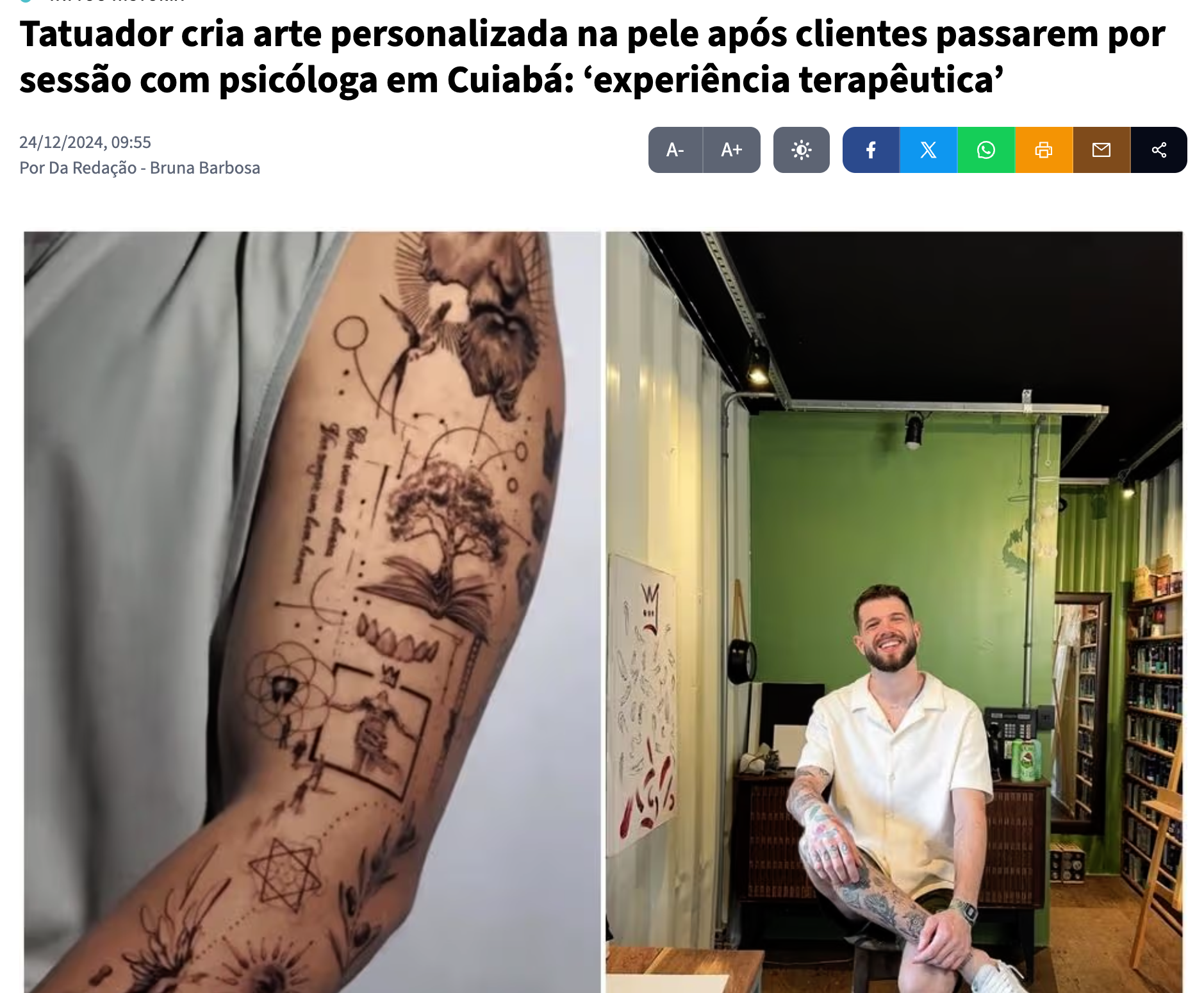 Tatuador cria arte personalizada na pele após clientes passarem por sessão com psicóloga em Cuiabá